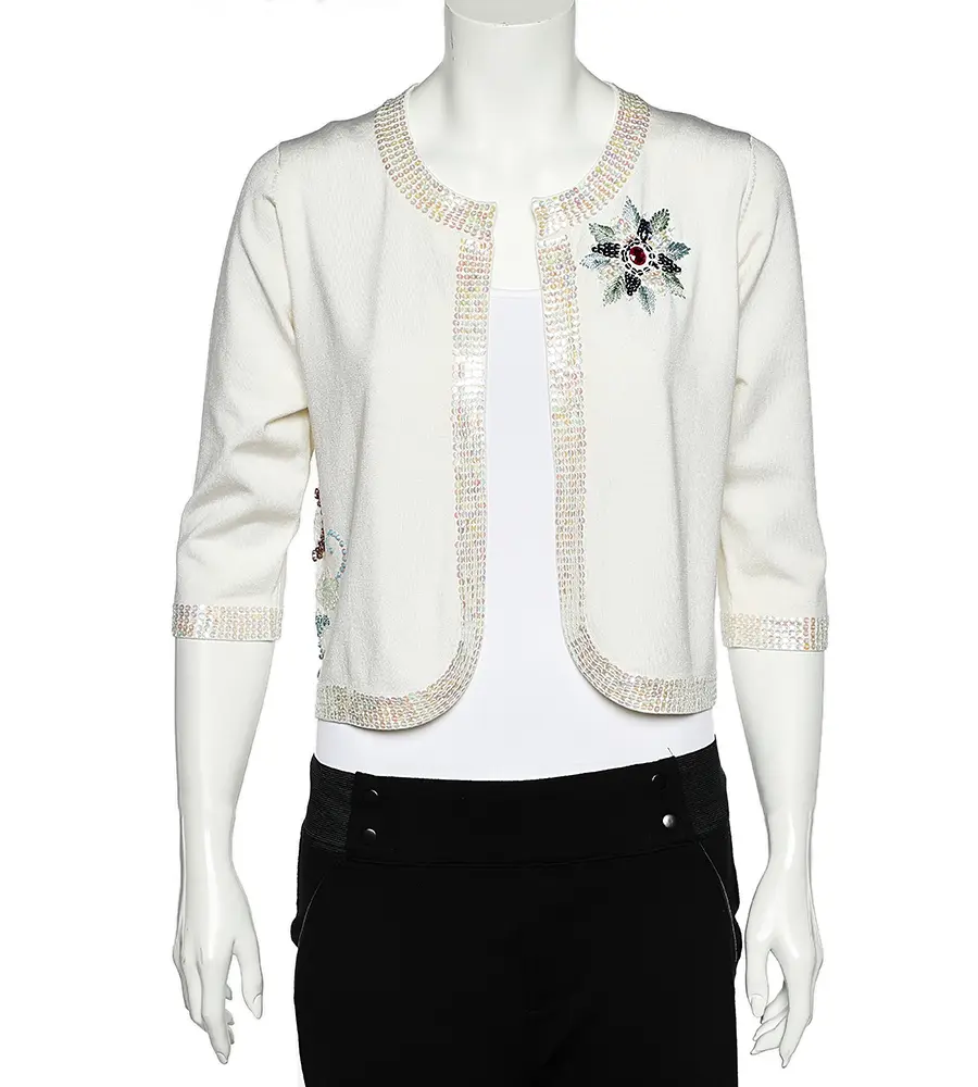 Versace Jeans Couture White Silk Knit Sequin Embellished Open Front Shrug L
