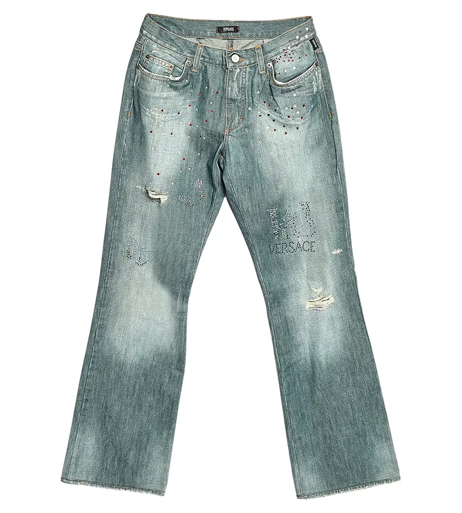 Versace Jeans Couture Blue Embellished Denim Flared Leg Distressed Jeans L