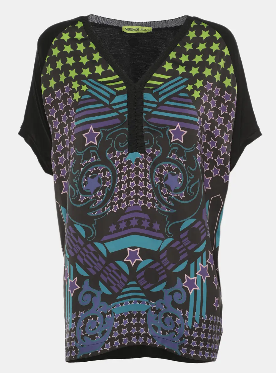 Versace Jeans Black Multicolor Star Print Satin Blouse S