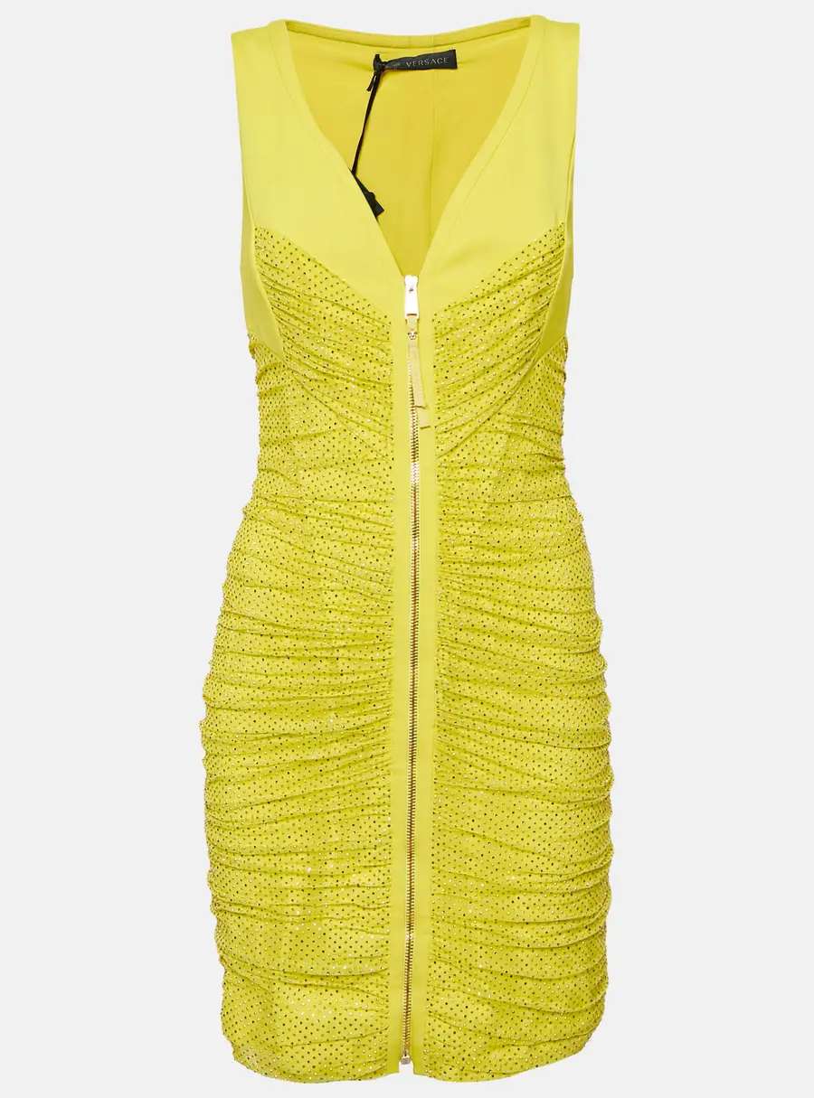 Versace Yellow Embellished Tulle and Jersey Ruche Mini Dress M