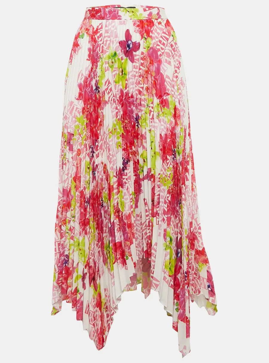 Versace Multicolor Floral Print Satin Pleated Asymmetric Midi Skirt L