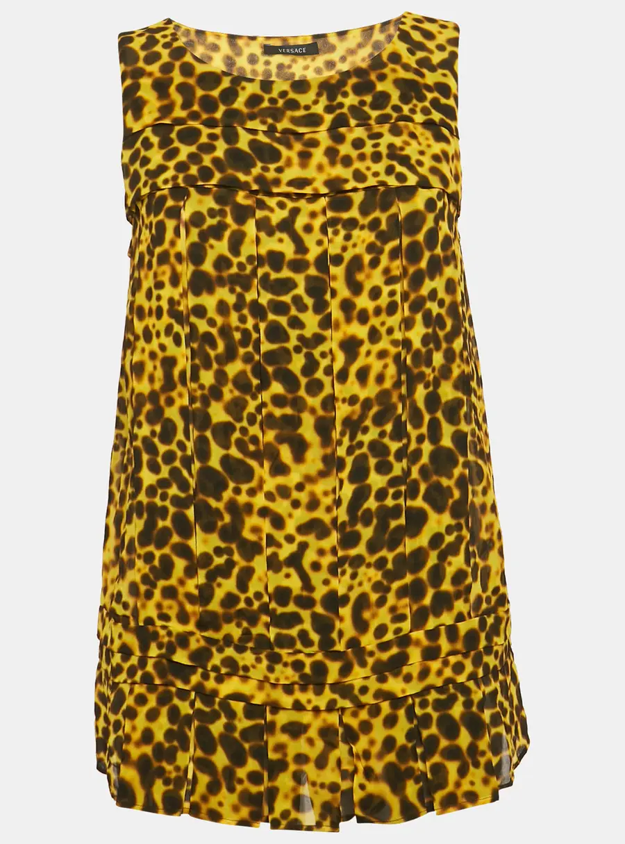 Versace Yellow Leopard Print Silk Pleated Top M
