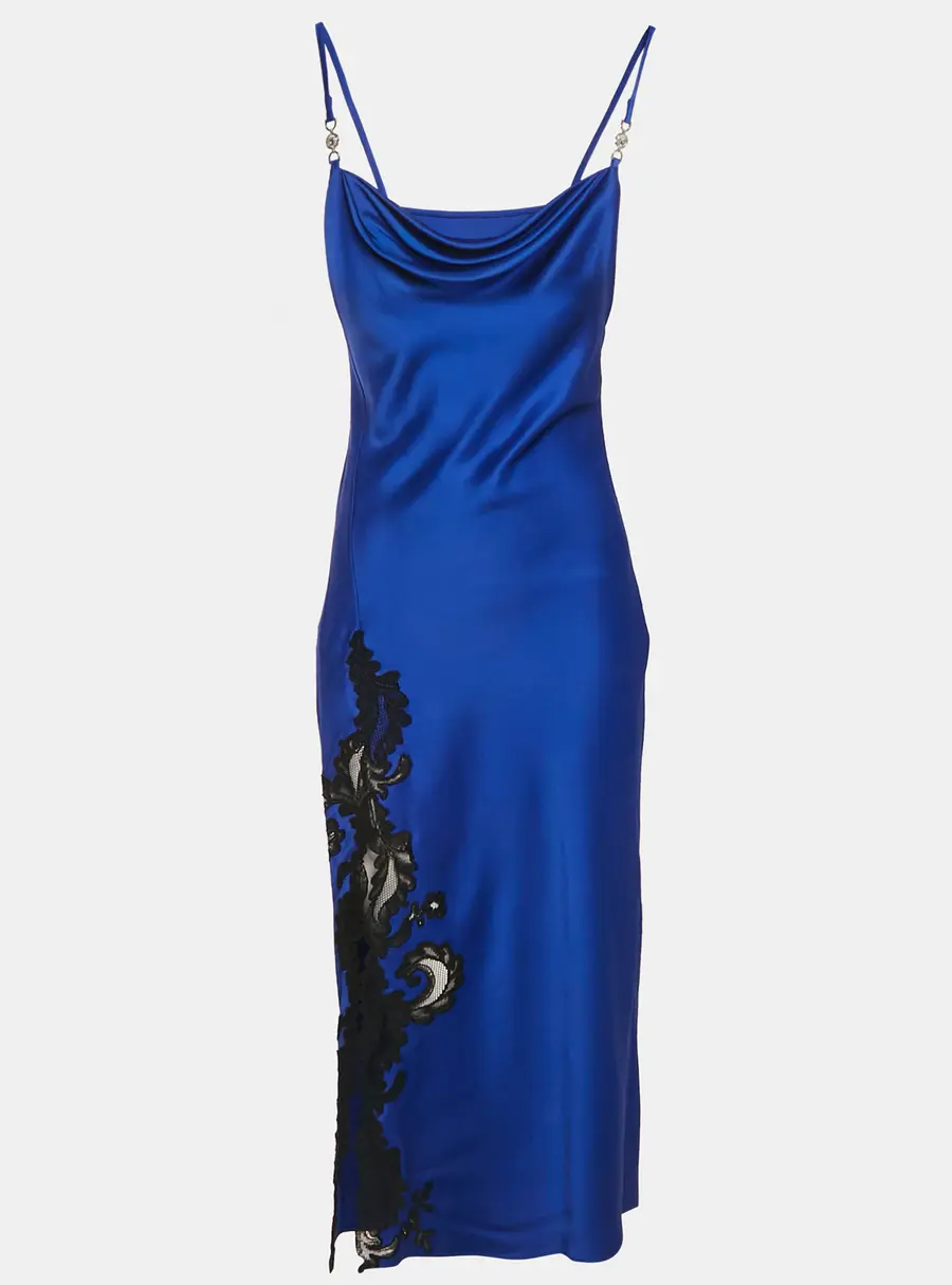 Versace Blue Barocco Lace Satin Silk Cowl Neck Slip Dress S