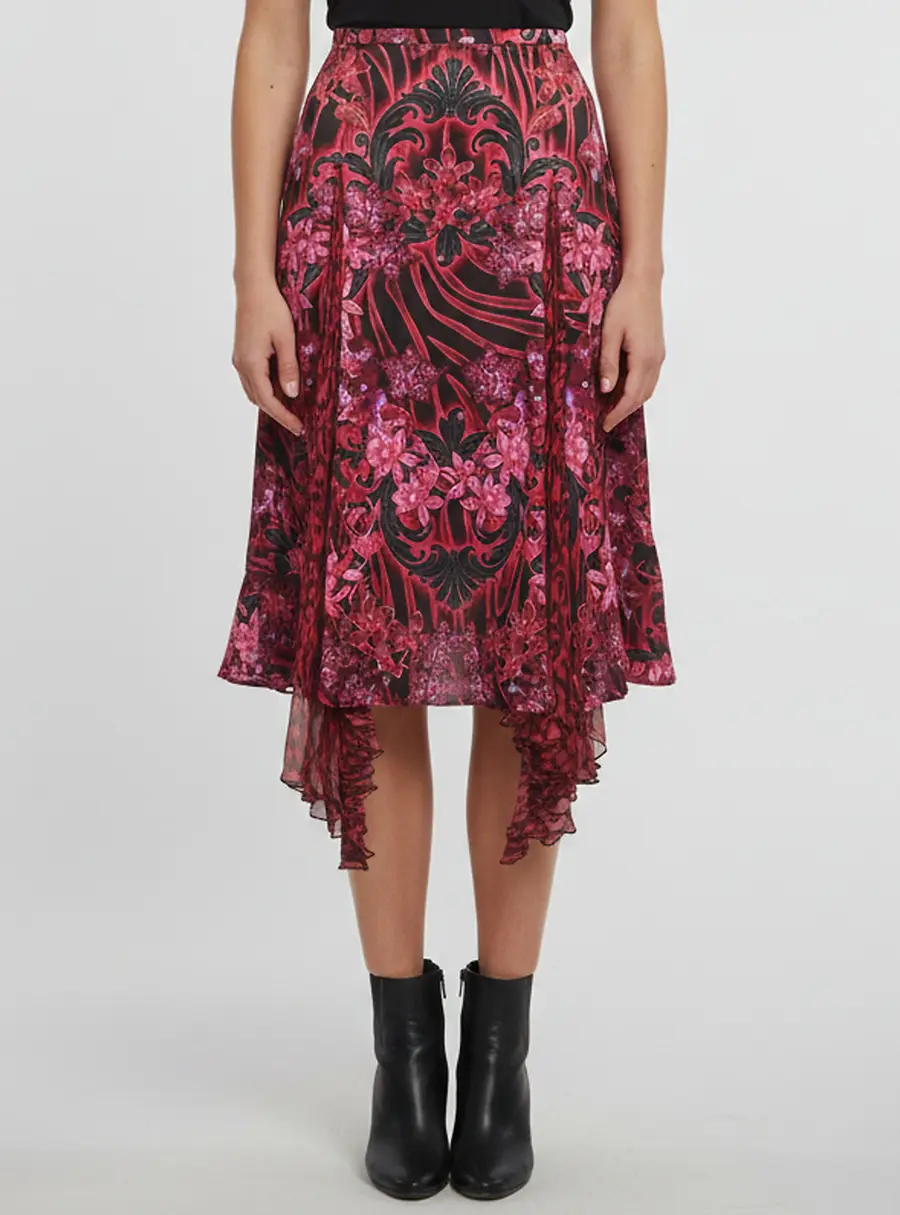 Versace Pink/Black Orchid Print Satin Chiffon Asymmetric Skirt M