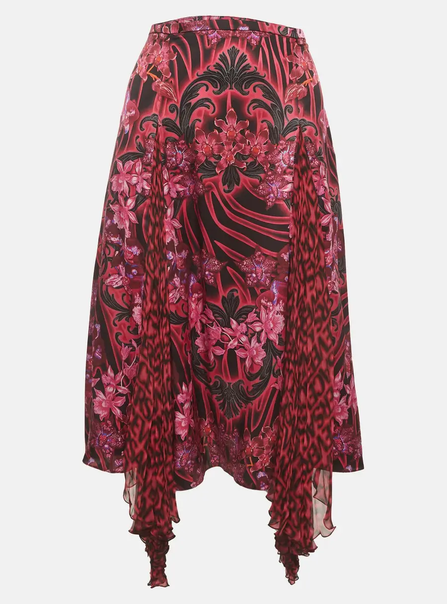 Versace Pink/Black Orchid Print Satin Chiffon Asymmetric Skirt M