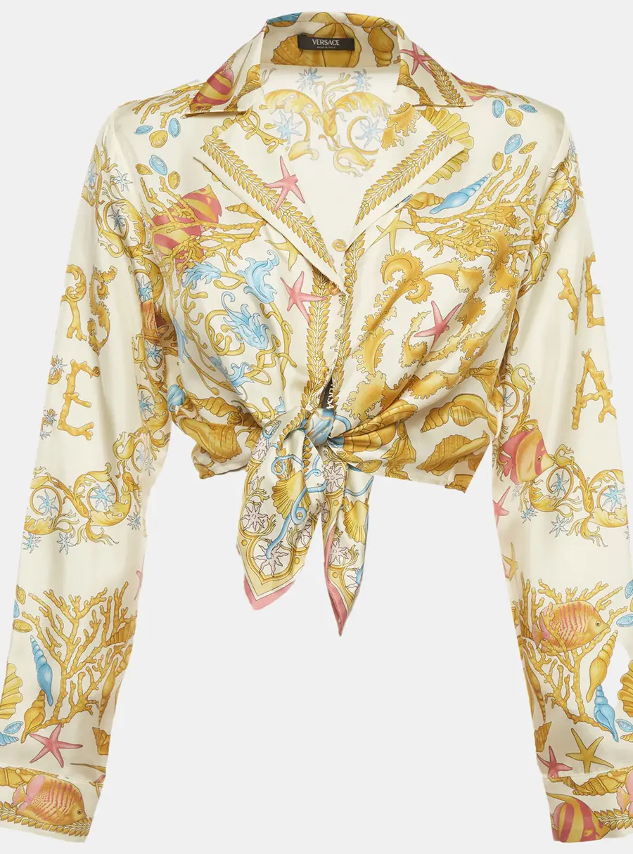 Versace Cream Underwater Barocco Print Sateen Knotted Crop Shirt S