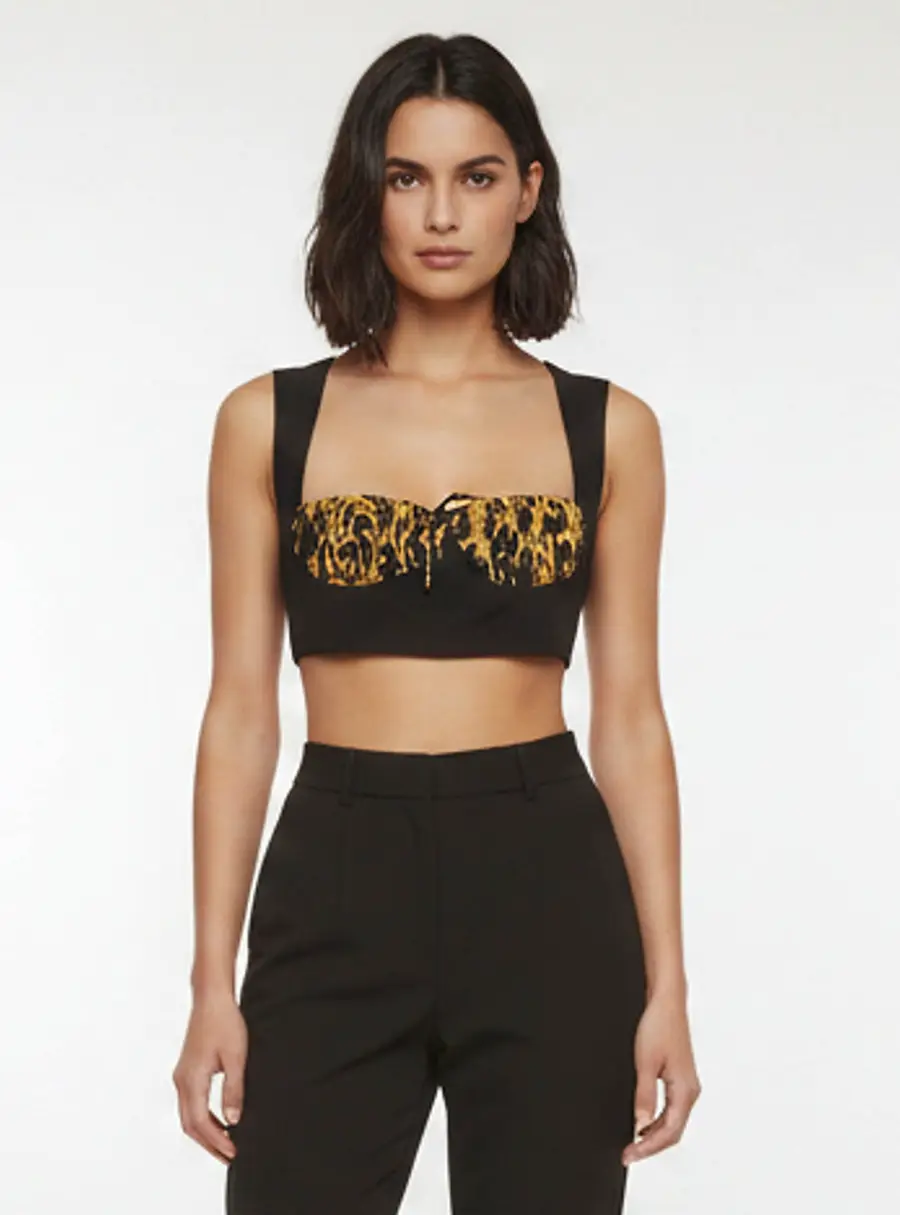 Versace Black/Gold Barocco Print Crepe Cropped Bustier Top XS