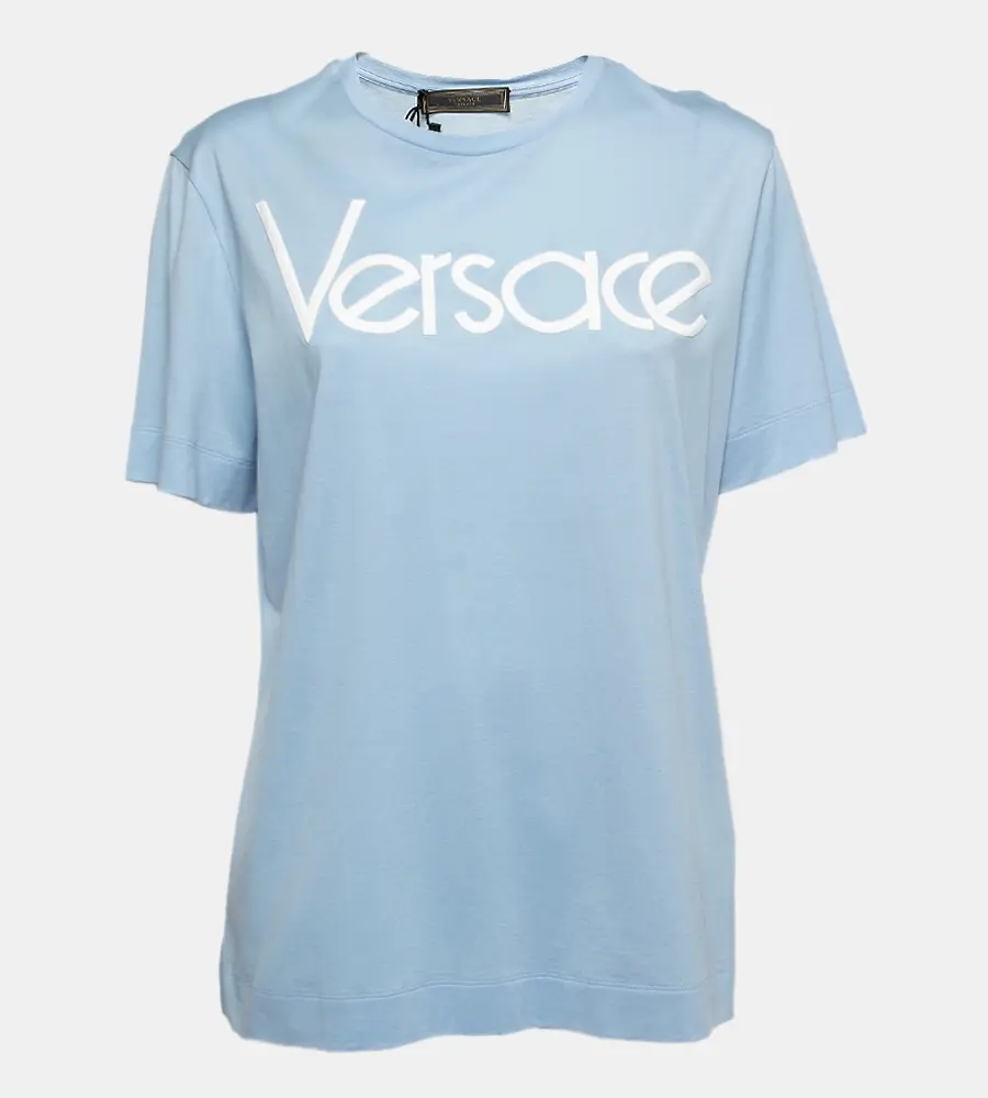 Versace Light Blue Cotton Logo Embroidered Tribute T-Shirt M