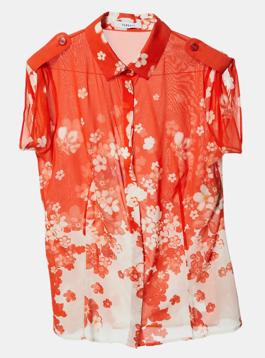 Versace Orange Floral Print Silk Crepe Button Front Blouse M