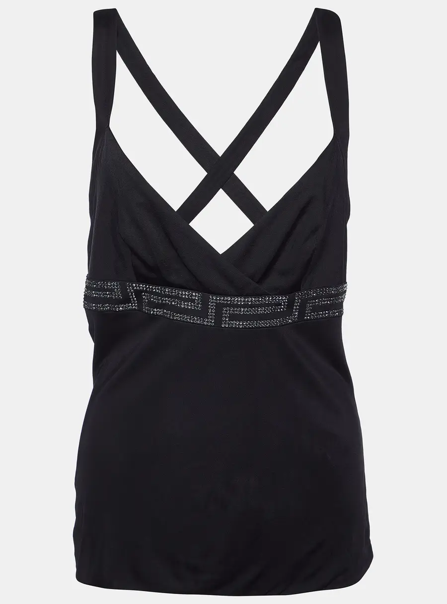Versace Black Jersey Crystal Greca Embellished Tank Top M