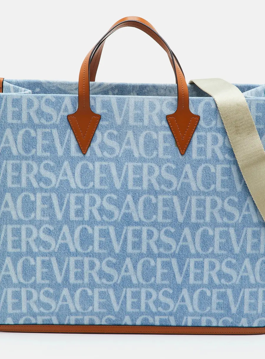 Versace Allover Blue/Brown Denim and Leather Shopper Tote