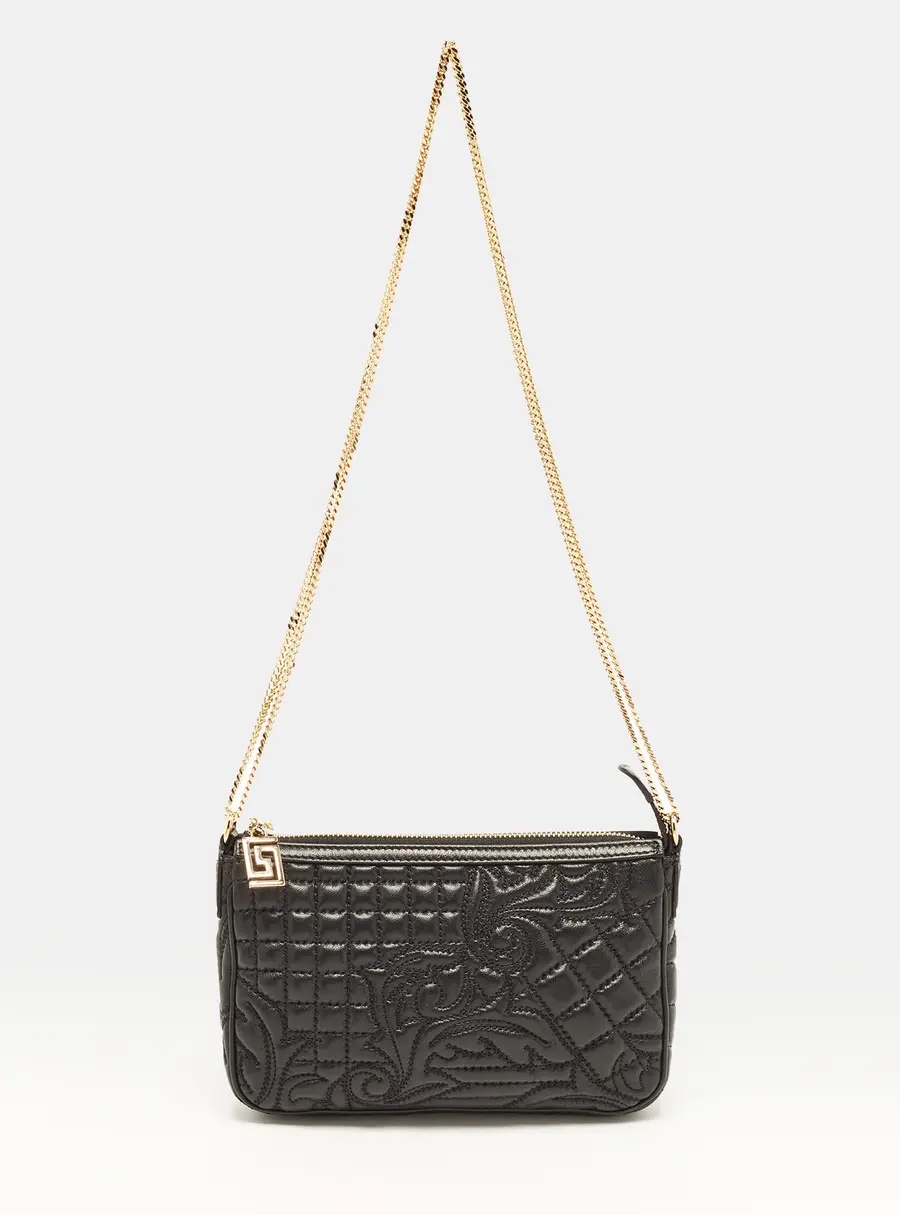 Versace Vanitas Chain Black Baroque Embossed Leather Shoulder Bag