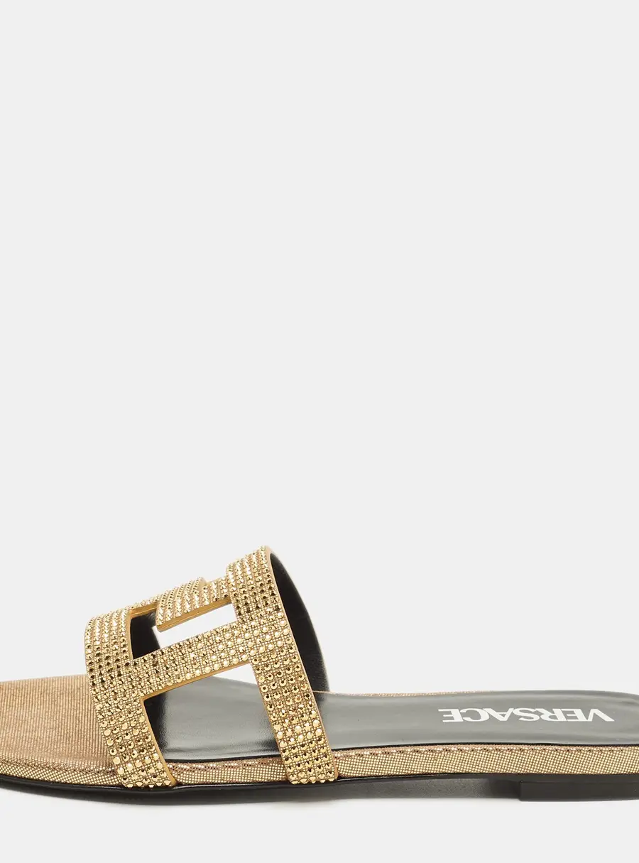 Versace Greca Crystals Size 35 Gold/Black Suede Slide Flats