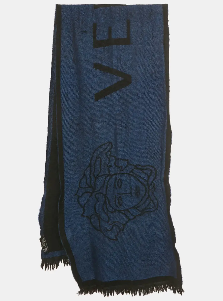 Versace Blue/Black Logo Jacquard Wool Stole