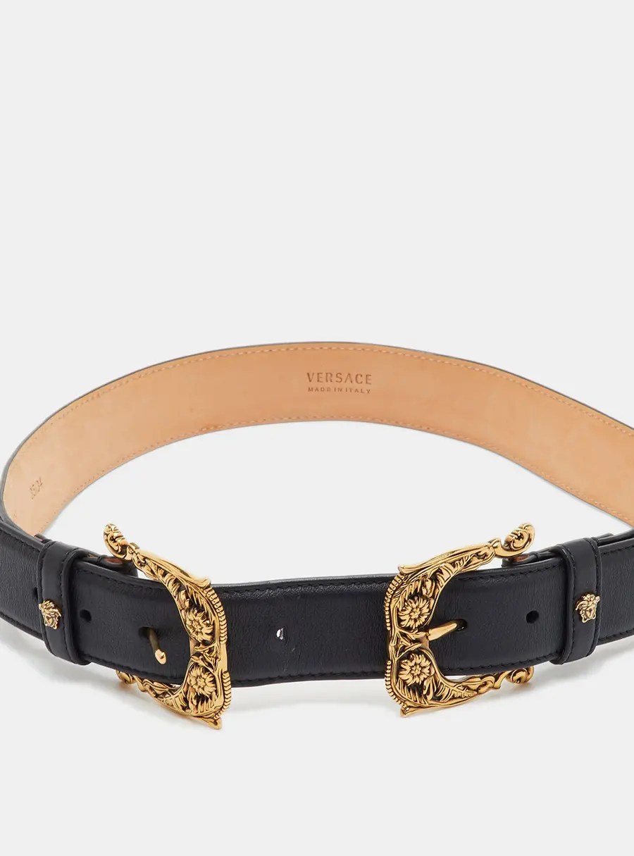 Versace 85CM Black Leather Baroque Double Buckle Belt