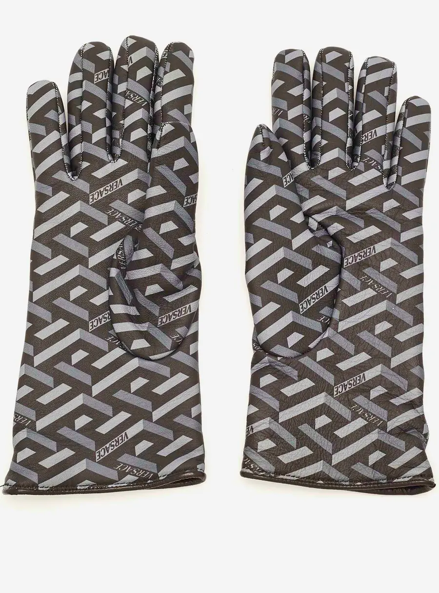 Versace Size 7 Black/Grey La Greca Signature Leather Gloves