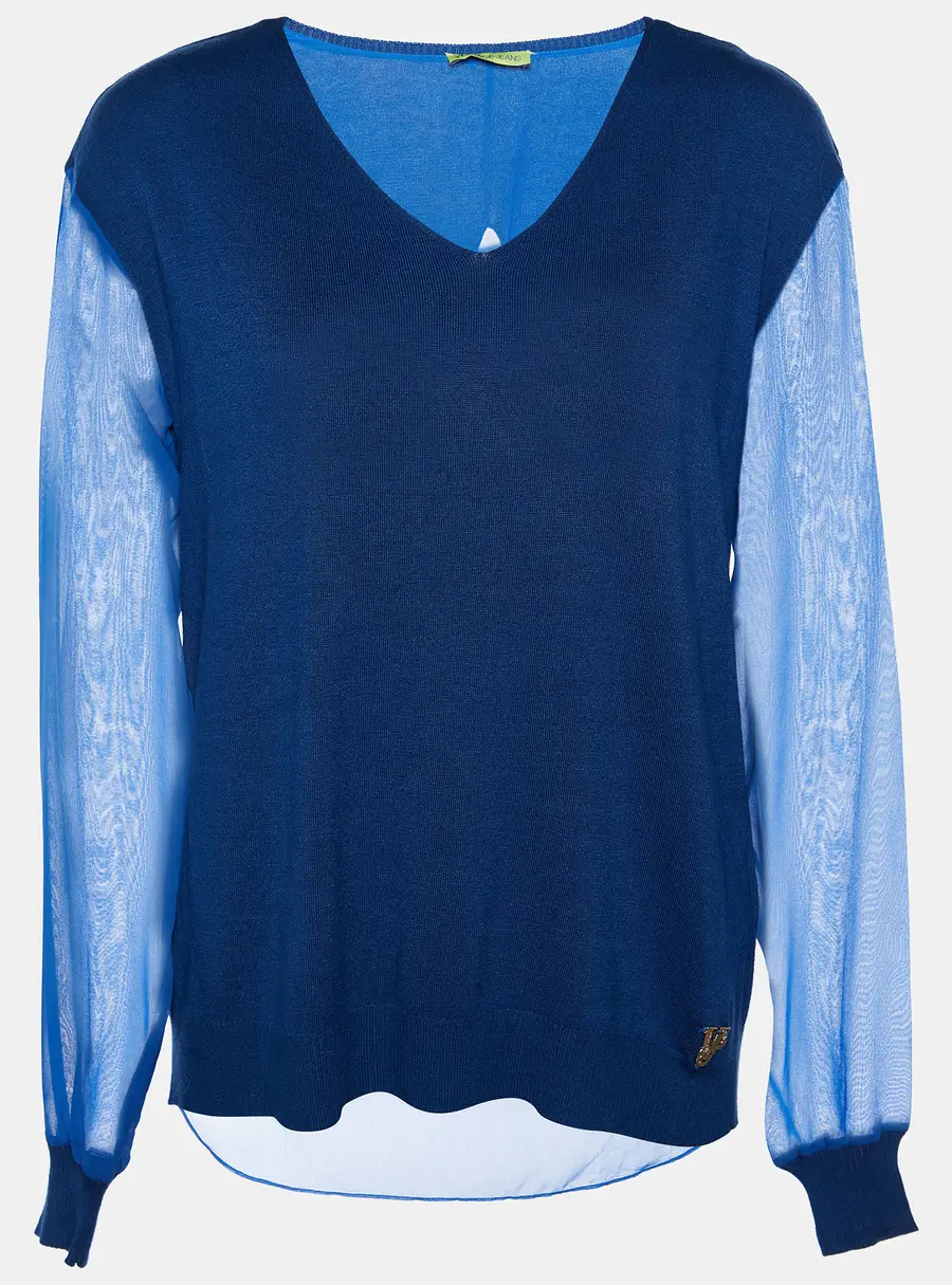 Versace Blue Knit & Chiffon Paneled V-Neck Jumper XXS