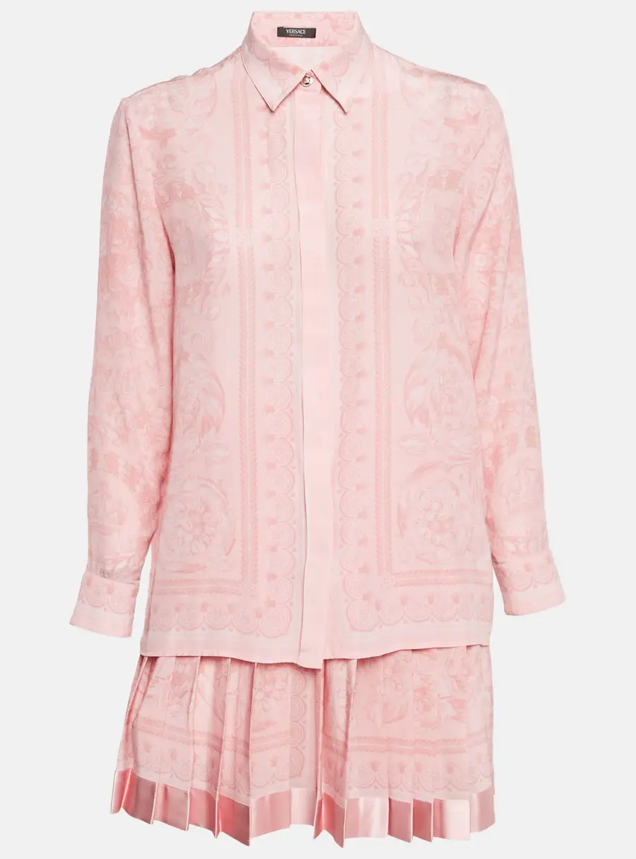Versace Pink Barocco Print Silk Shirt and Skirt Set S