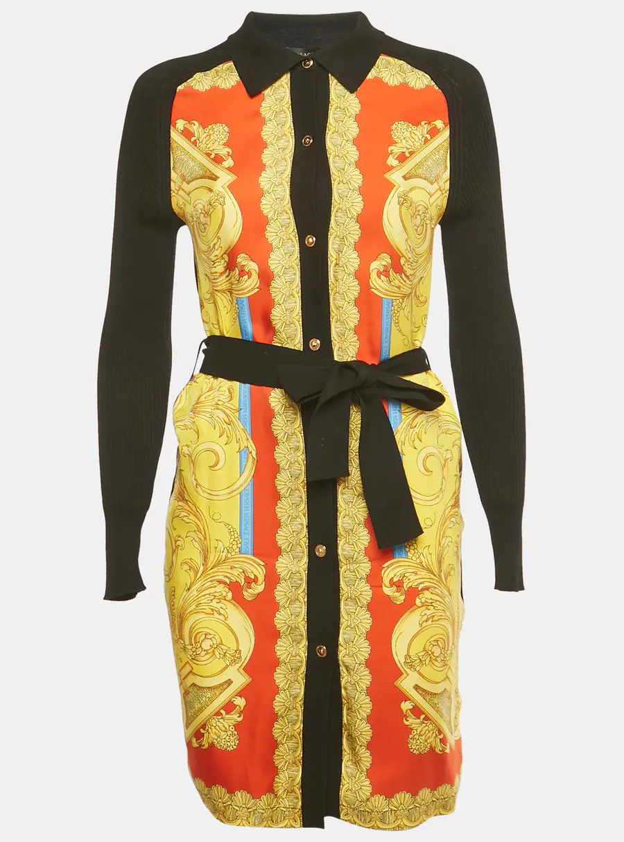 Versace Black/Yellow Barocco Print Silk and Rib Knit Cardigan XS