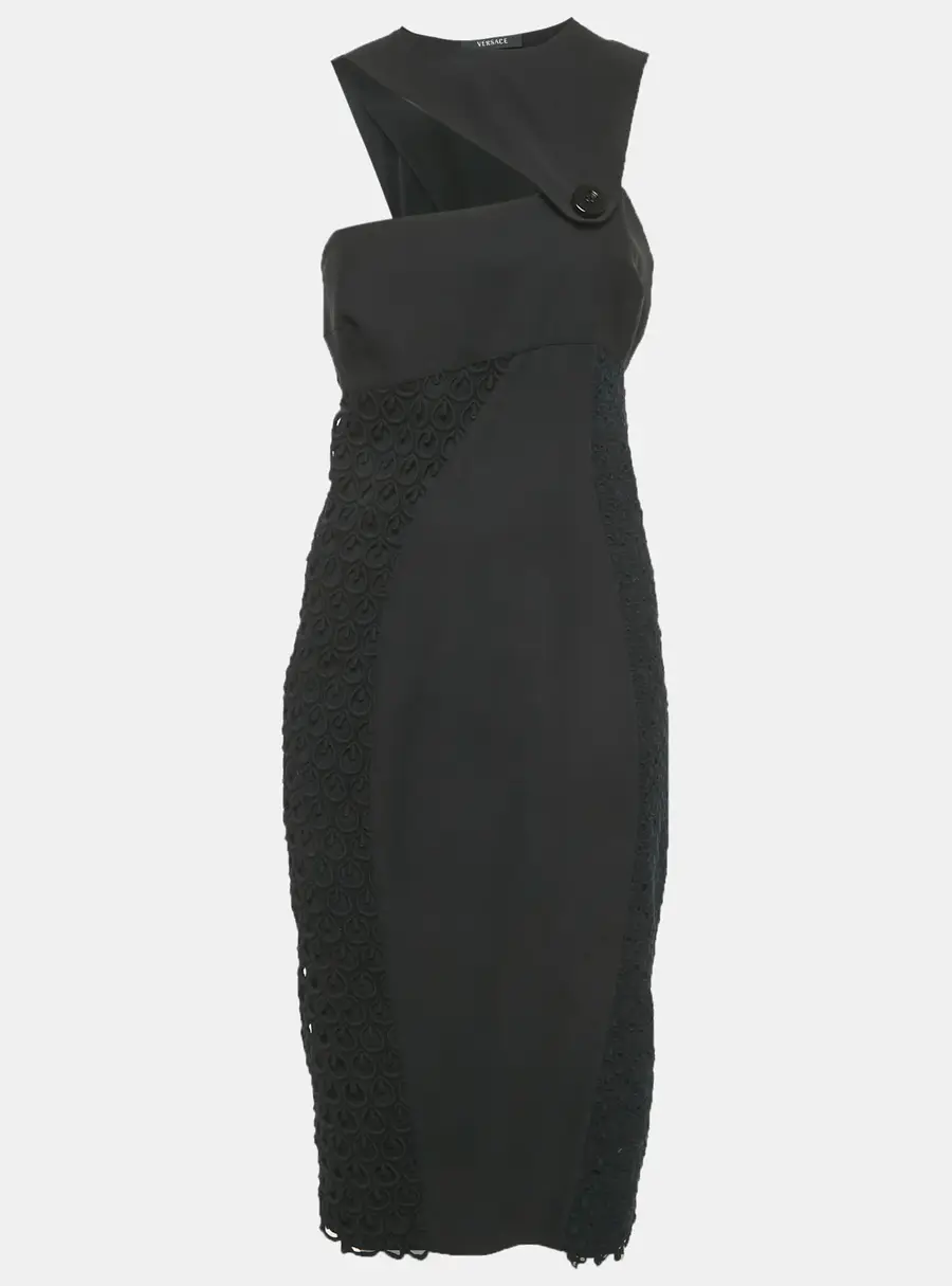 Versace Black Crepe Lace Detail Maxi Dress M