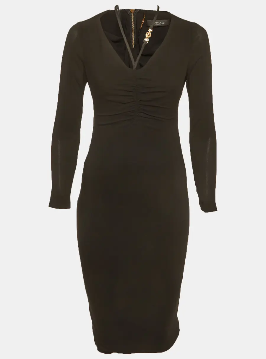 Versace Black Crepe Medusa Detail Ruche Midi Dress S