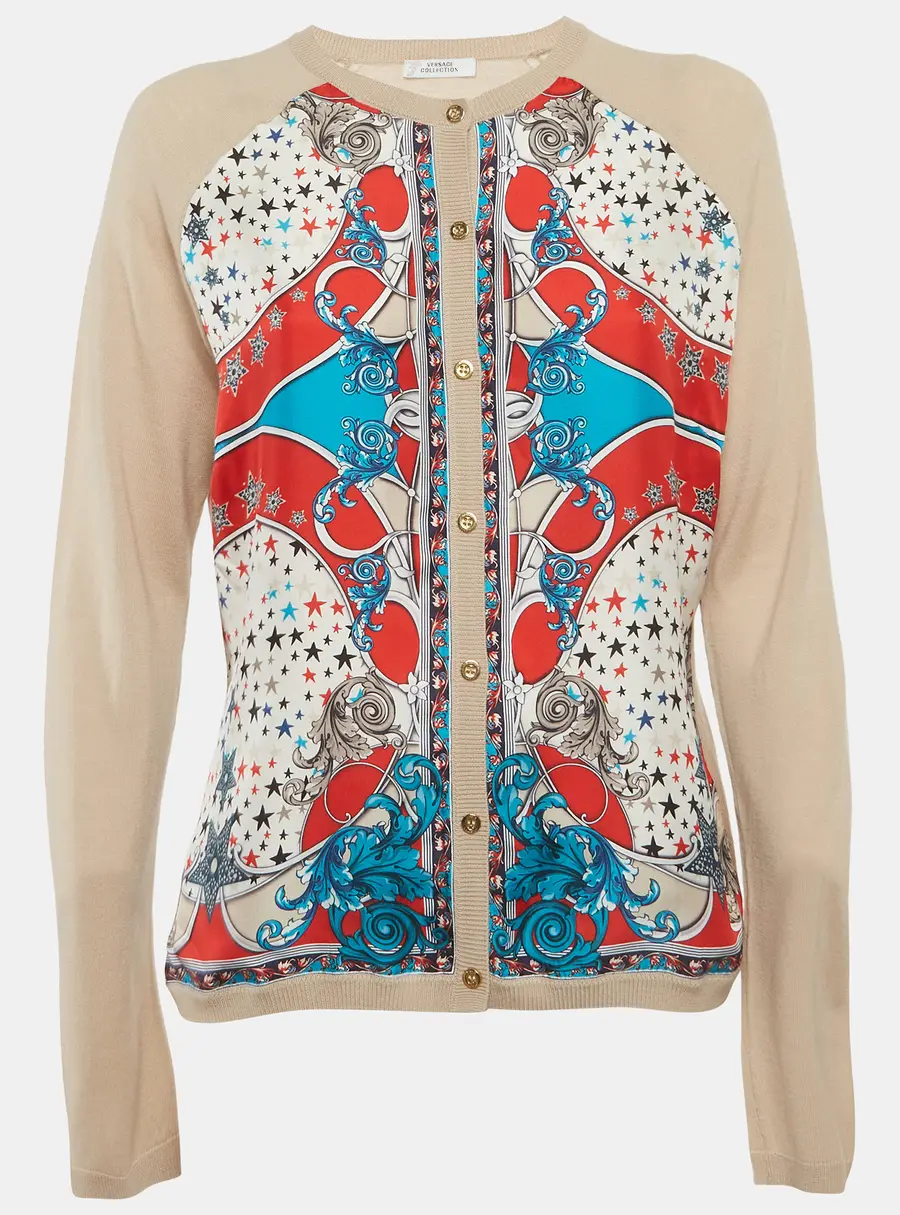 Versace Collection Beige Printed Silk and Knit Cardigan L