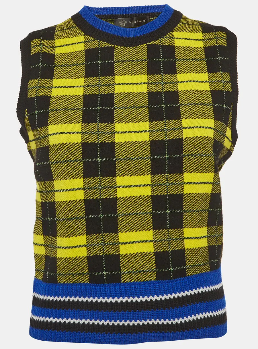 Versace Yellow/Black Plaid Knit Vest Sweater M