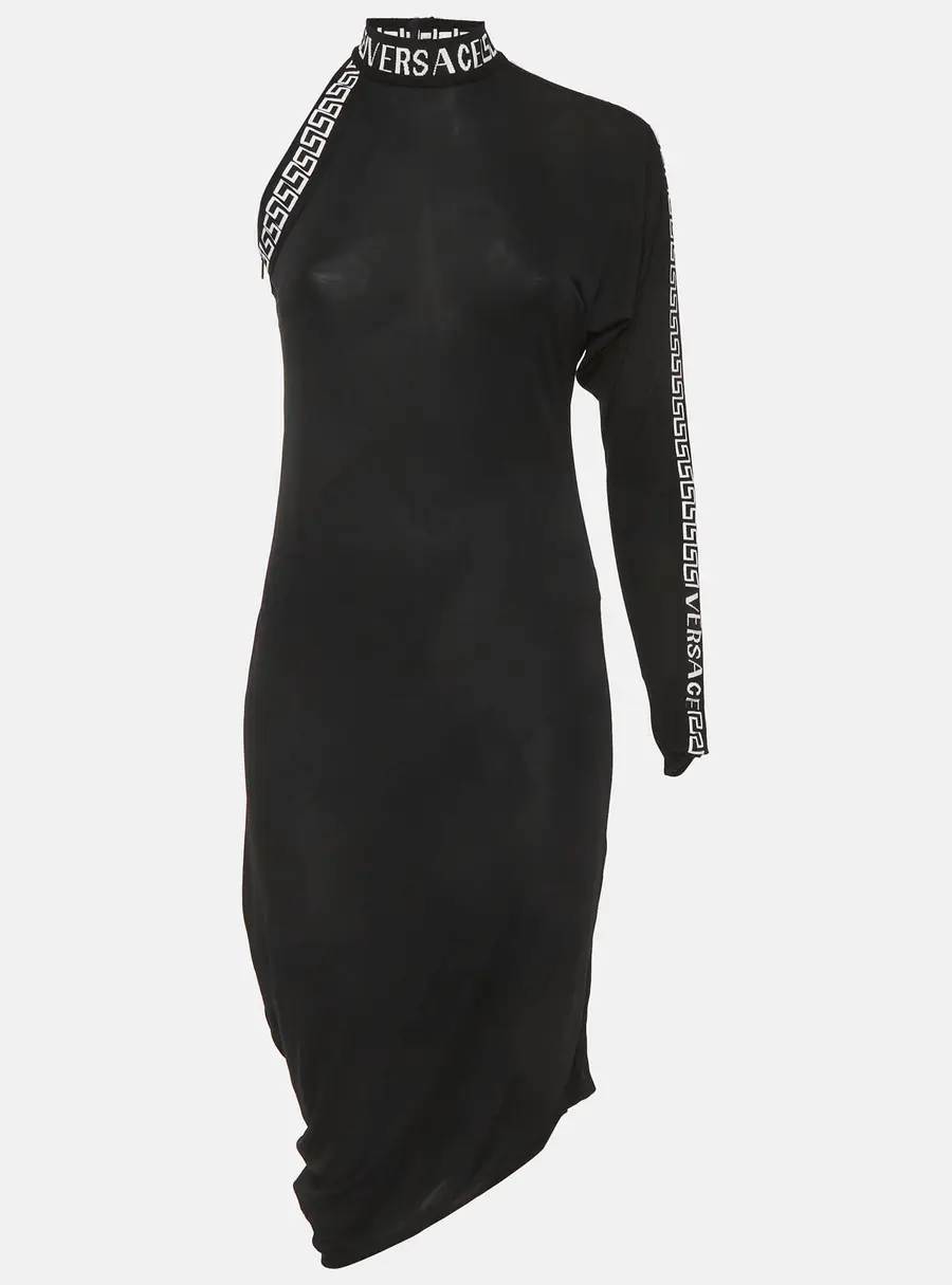 Versace Black Logo Band Jersey One Shoulder Midi Dress S