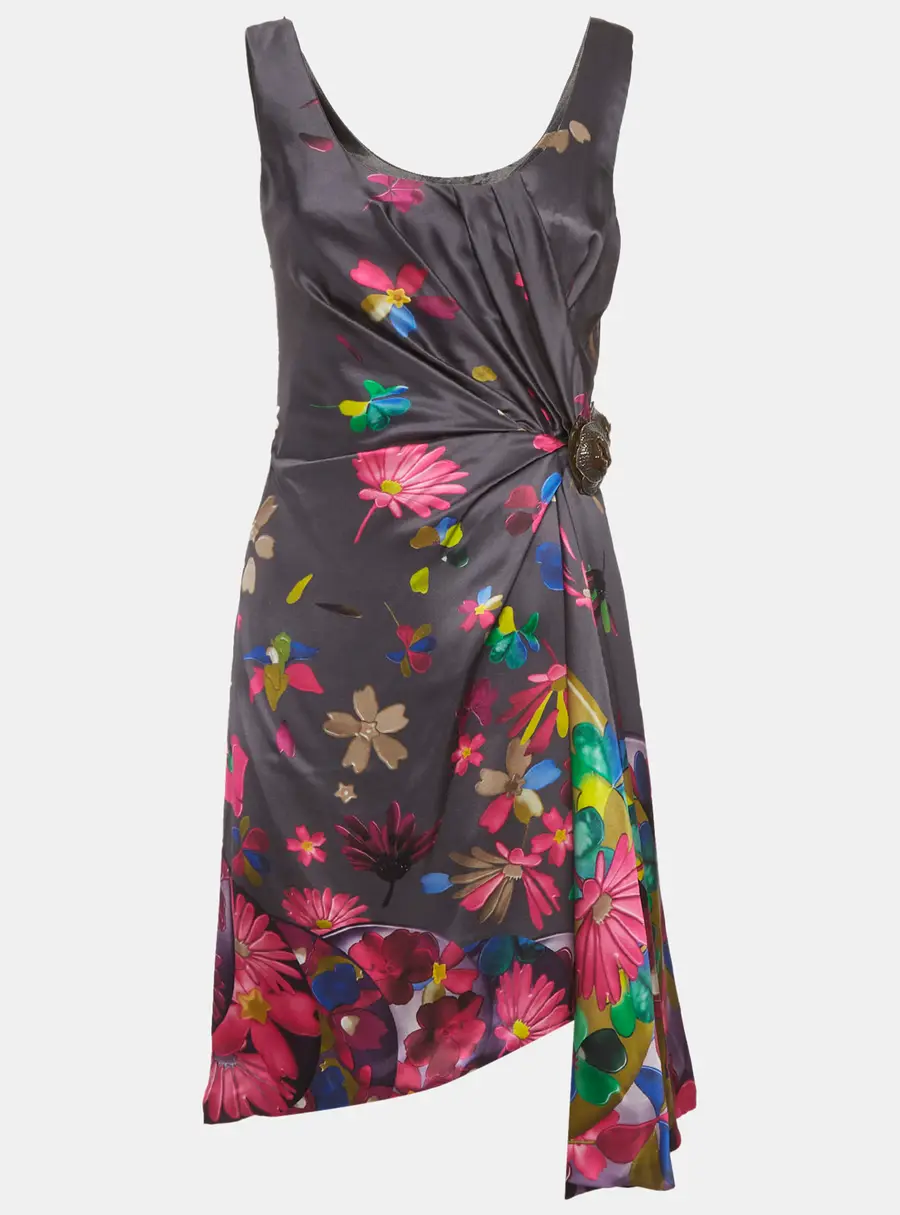 Versace Grey Floral Print Silk Draped Mini Dress S