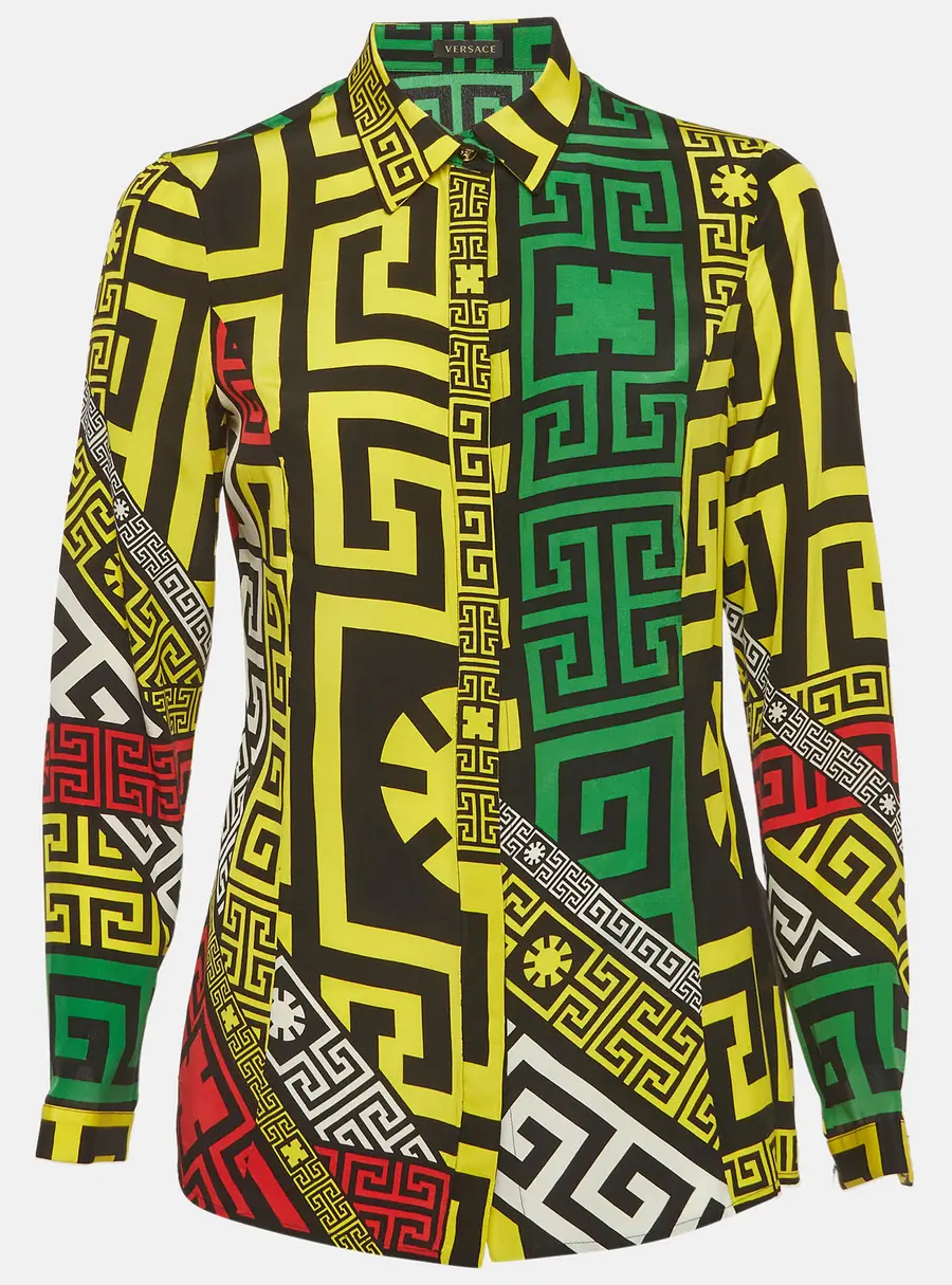 Versace Multicolour Geometric Greek Print Silk Long Sleeve Shirt S