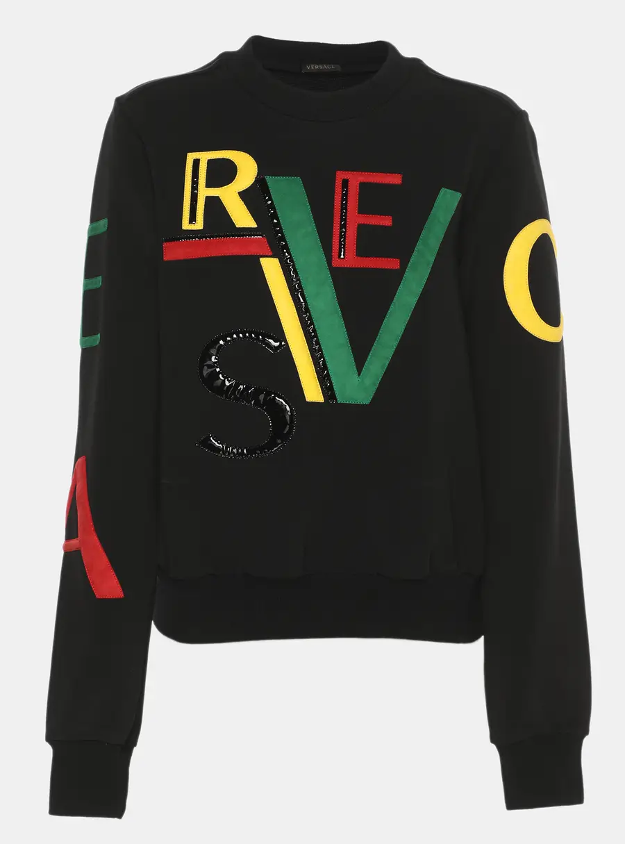 Versace Black Jersey Multicolor Logo Embroidered Sweatshirt M