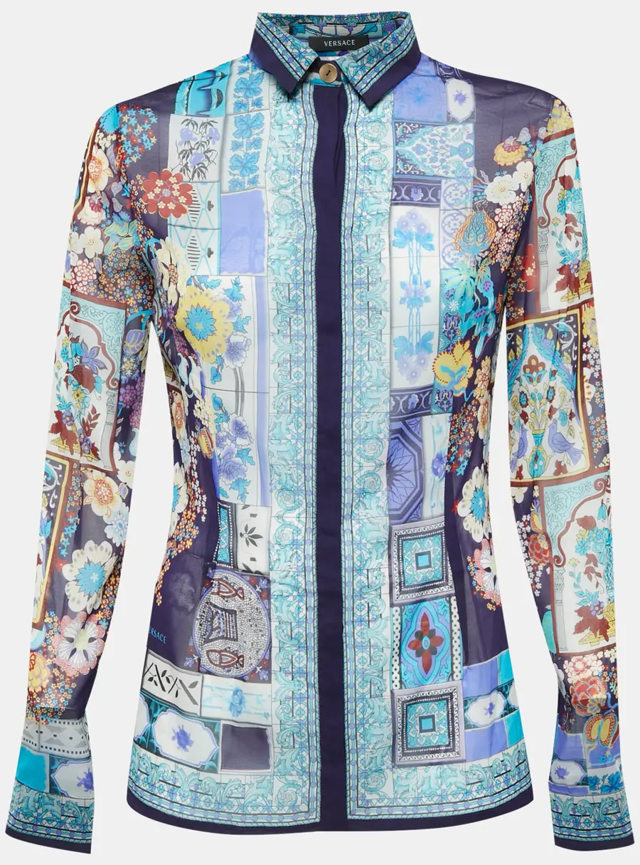 Versace Blue Printed Silk Long Sleeve Shirt M