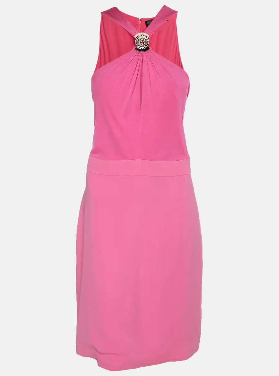 Versace Pink Stretch Crepe Halter Neck Midi Dress L