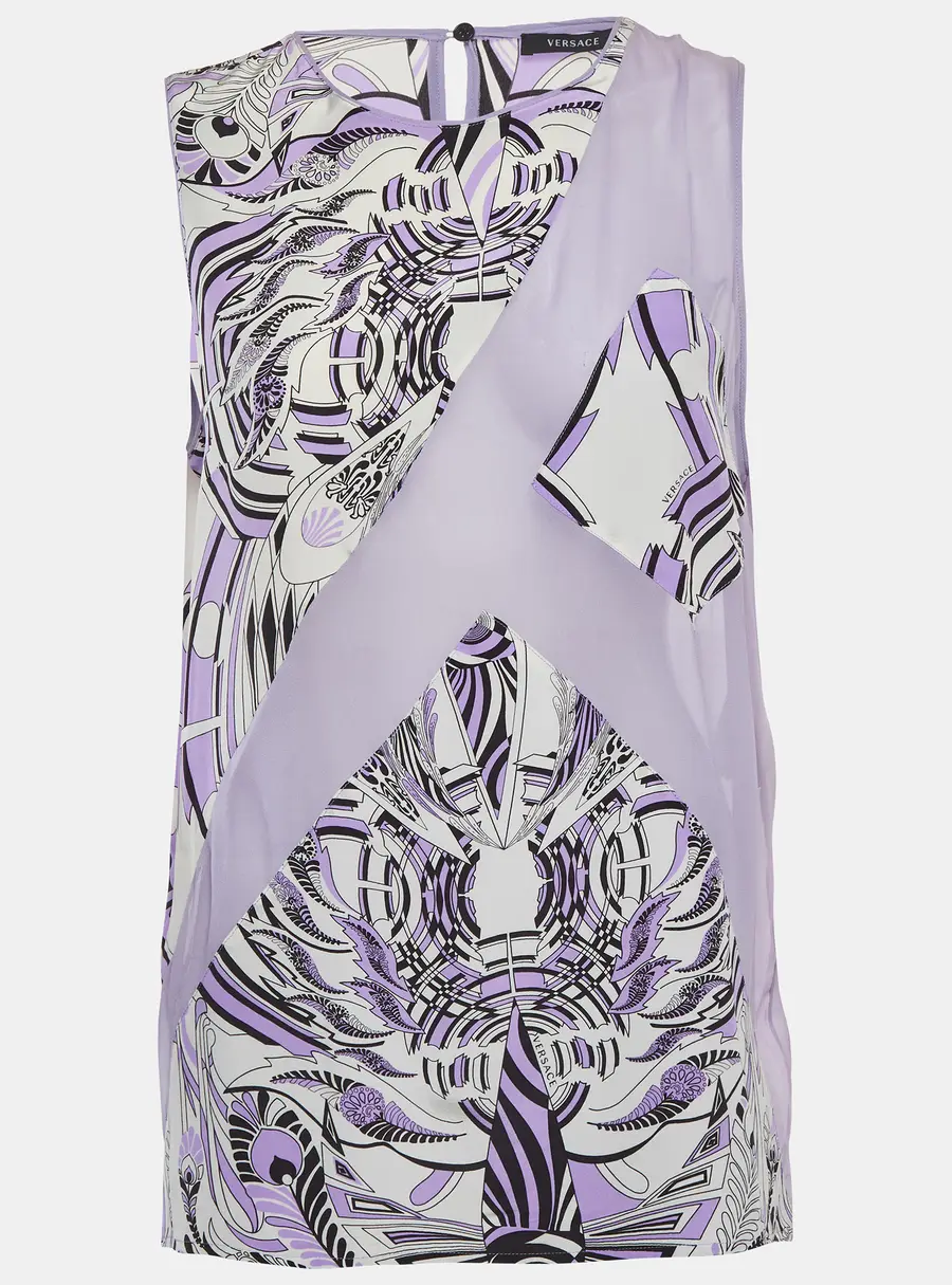 Versace Lilac Abstract Print Chiffon and Silk Sleeveless Top L
