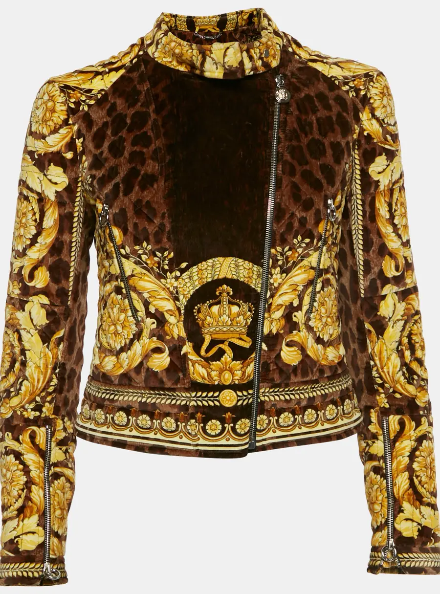 Versace Yellow Barocco Print Velvet Quilted Jacket S