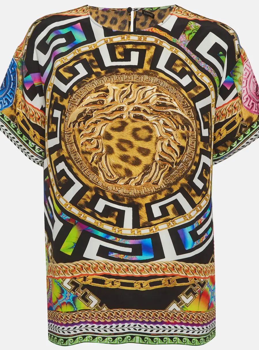 Versace Multicolor Medusa and Leopard Print Silk Top L