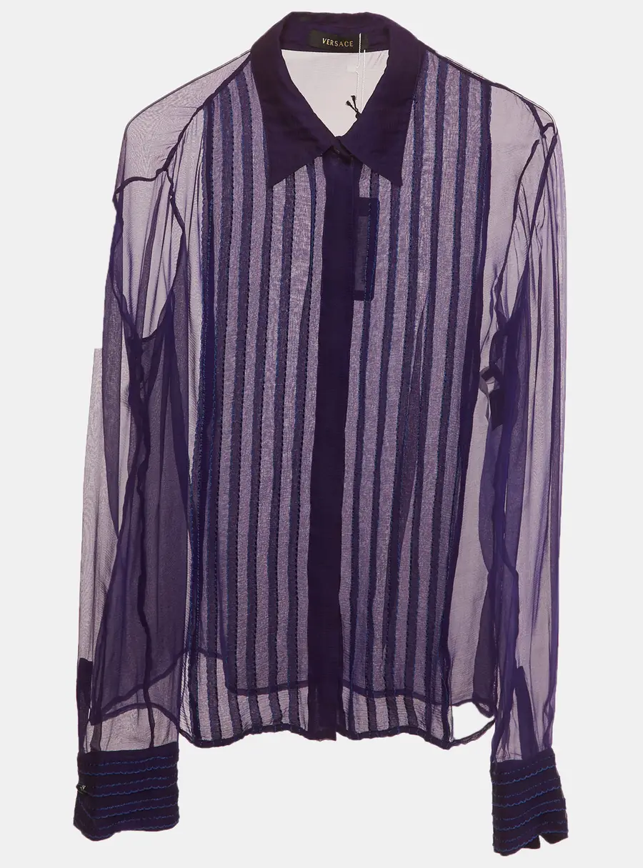 Versace Purple Sheer Silk Chiffon Embroidered Pin Tuck Shirt L