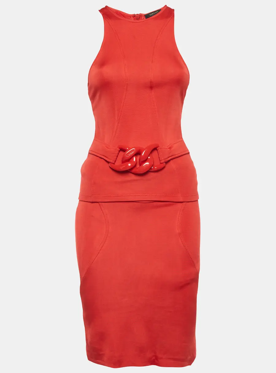 Versace Red Jersey Knit Zip Up Tank Top and Skirt Set S
