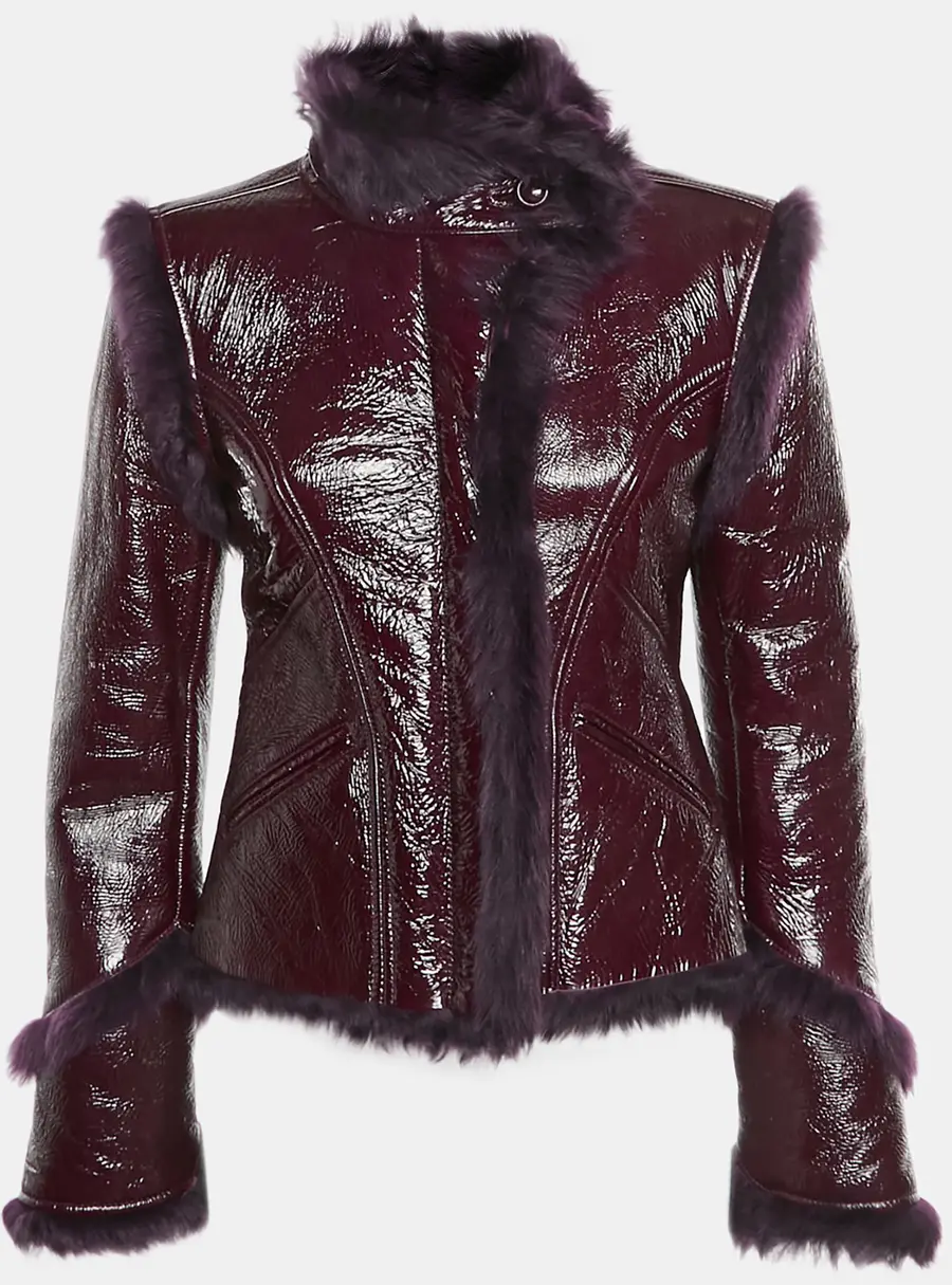 Versace Burgundy/Purple Leather Fur Lined Zip Up Jacket M