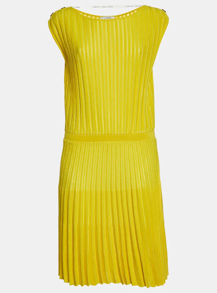 Versace Collection Yellow Rib Knit Flared Mini Dress L