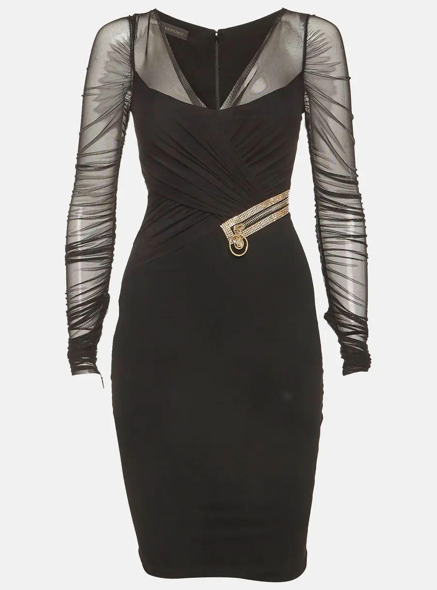 Versace Black Jersey And Tulle Draped Midi Dress S