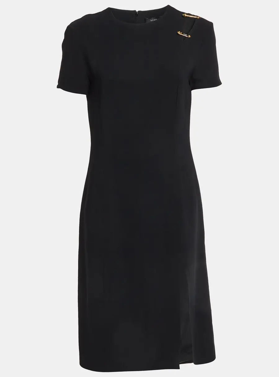 Versace Black Stretch Crepe Logo Safety Pin Detail Midi Dress M
