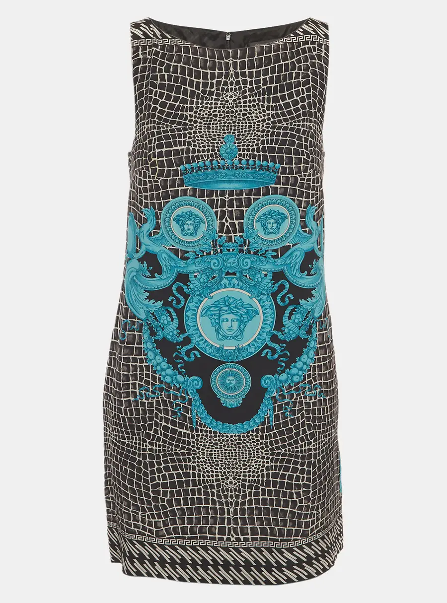 Versace Black/Blue Crocodile Medusa Print Silk Sleeveless Mini Dress S