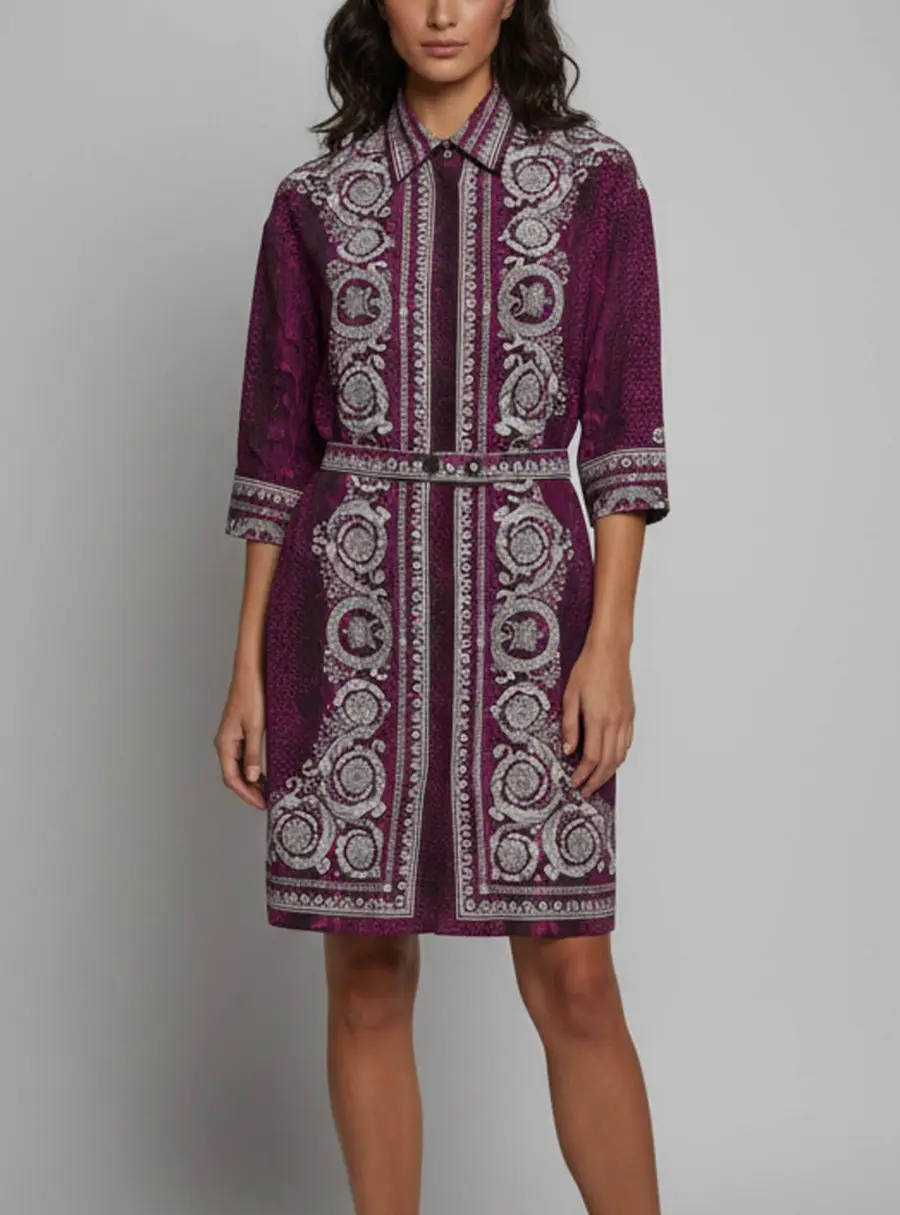 Versace Pink Snake & Baroque Print Silk Belted Sheath Dress M