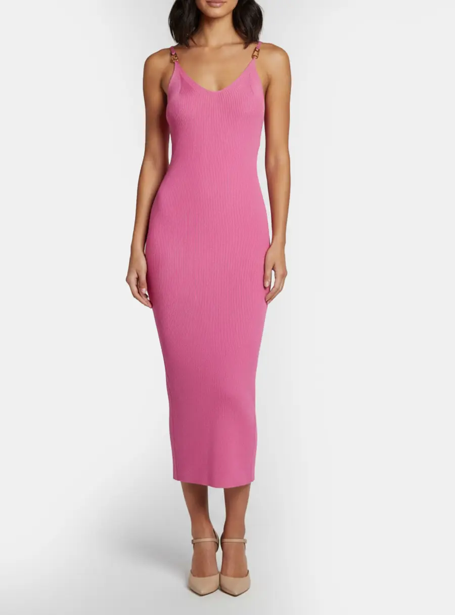 Versace Pink Rib Knit Safety Pin Detail Midi Dress XS