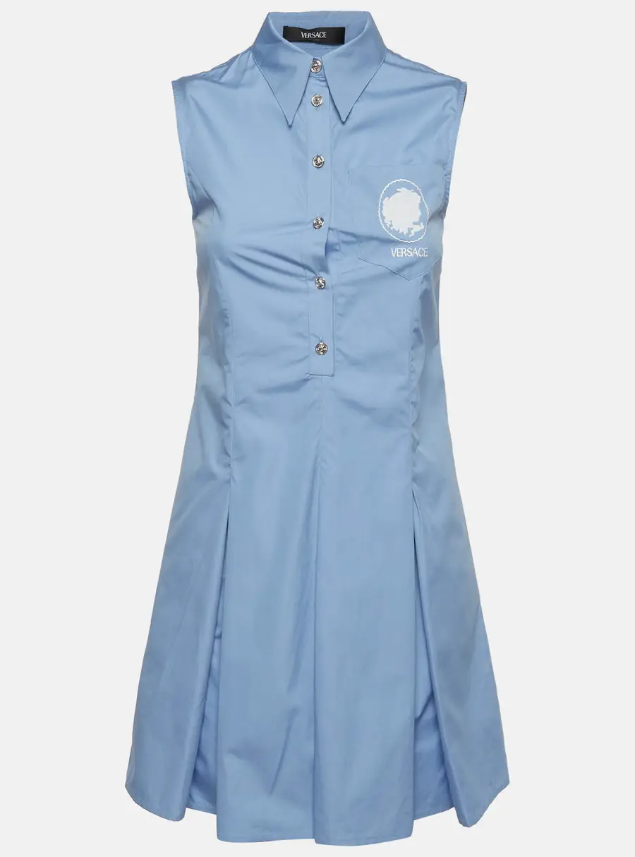 Versace Blue Cotton Pleated Sleeveless Dress XS