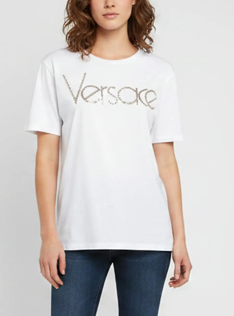 Versace White Logo Embellished Cotton Short Sleeve T-Shirt L