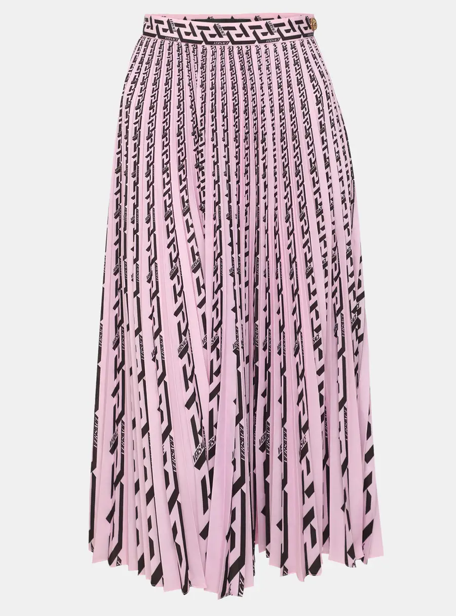 Versace Pink/Black Printed Silk Pleated Midi Skirt S