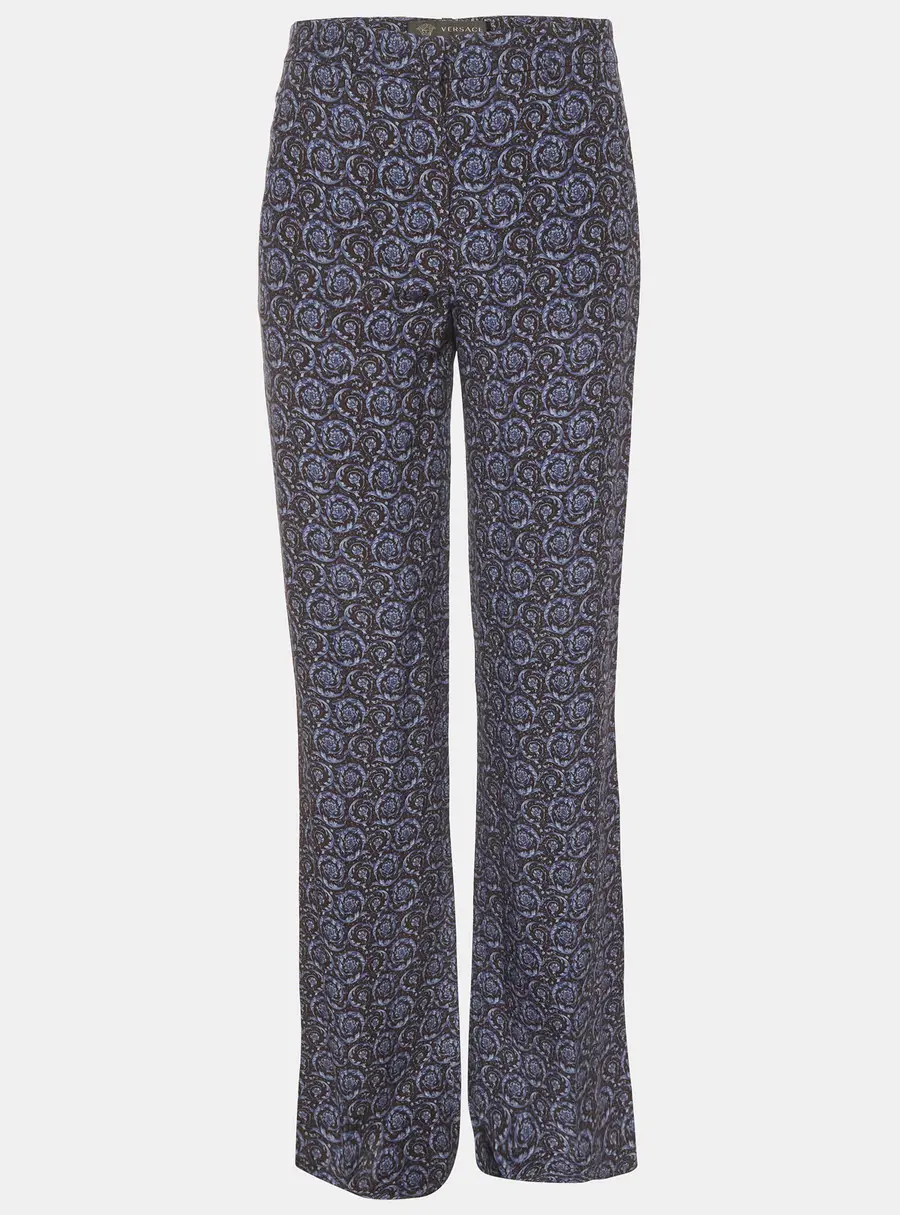 Versace Blue Baroccoflage Print Silk Flared Pants M
