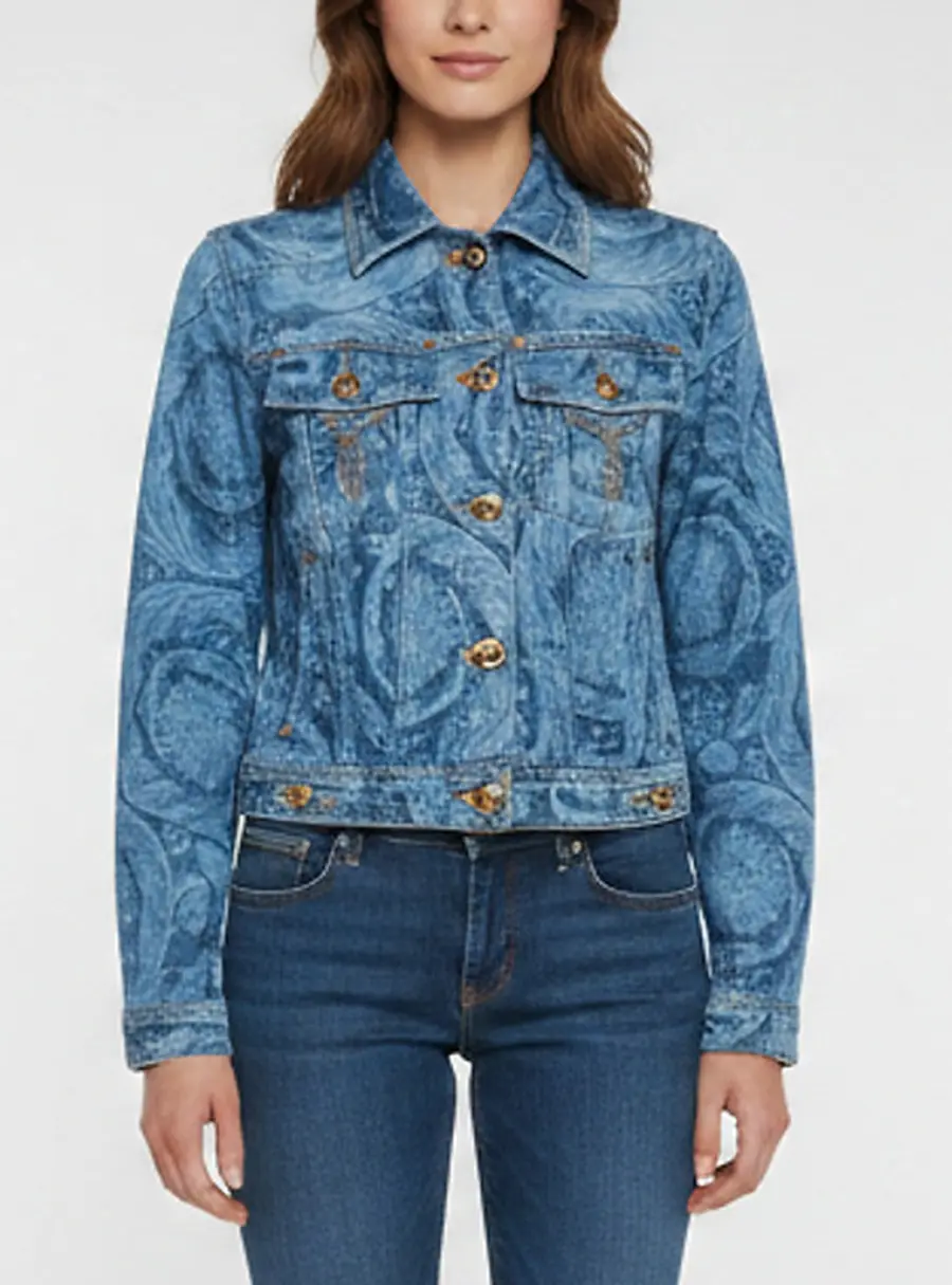 Versace Blue Printed Denim Long Sleeve Denim Jacket S